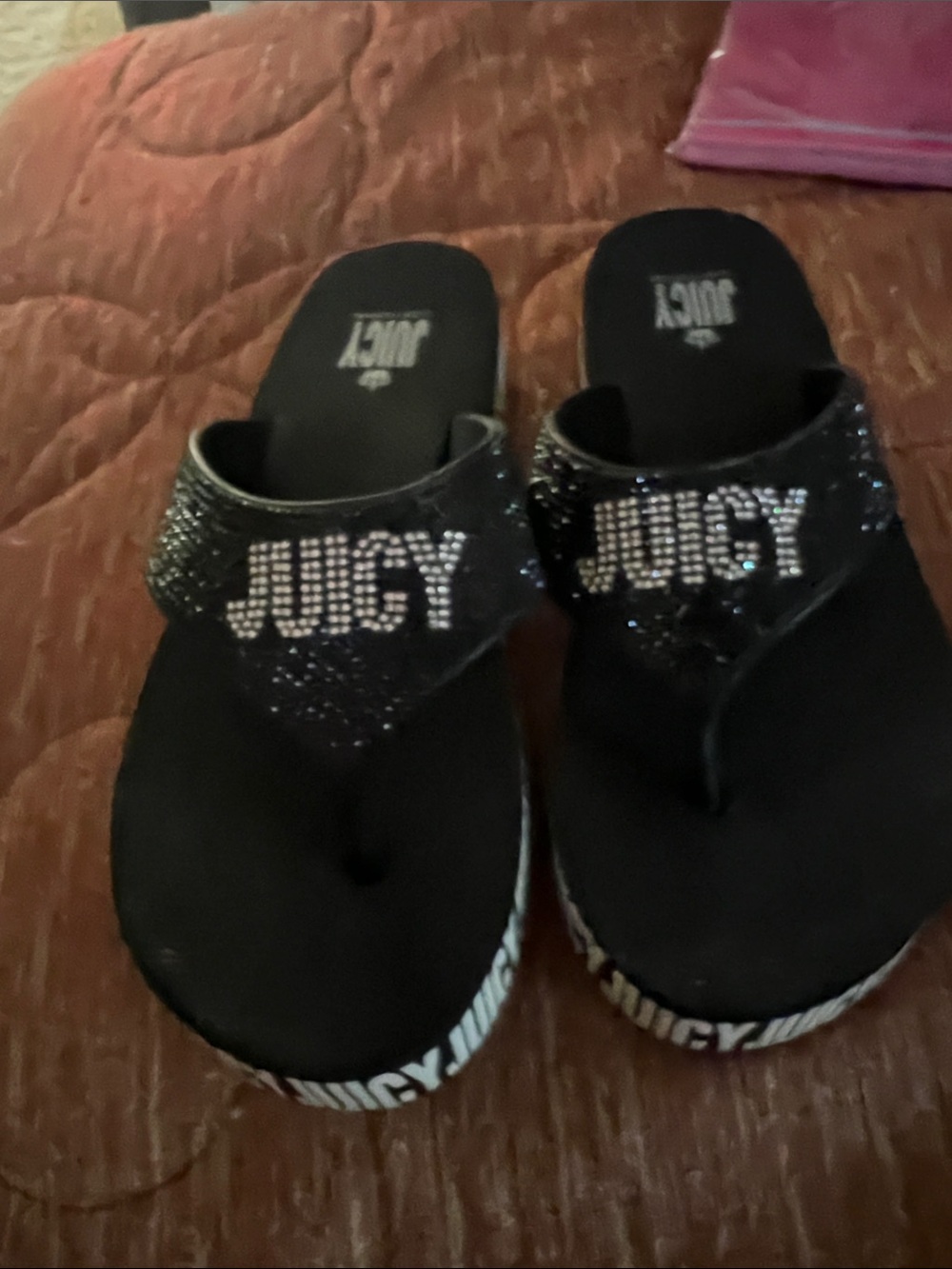 Juicy Couture Black Rhinestone 'JUICY' Platform Thong Sandals